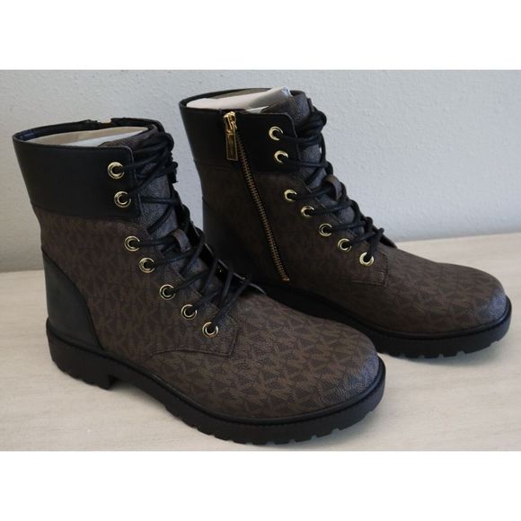 Michael Kors Women Sz 8M Brown/Blck Alistar Lace-Up Lug Sole Combat Booties $160 - Picture 5 of 8